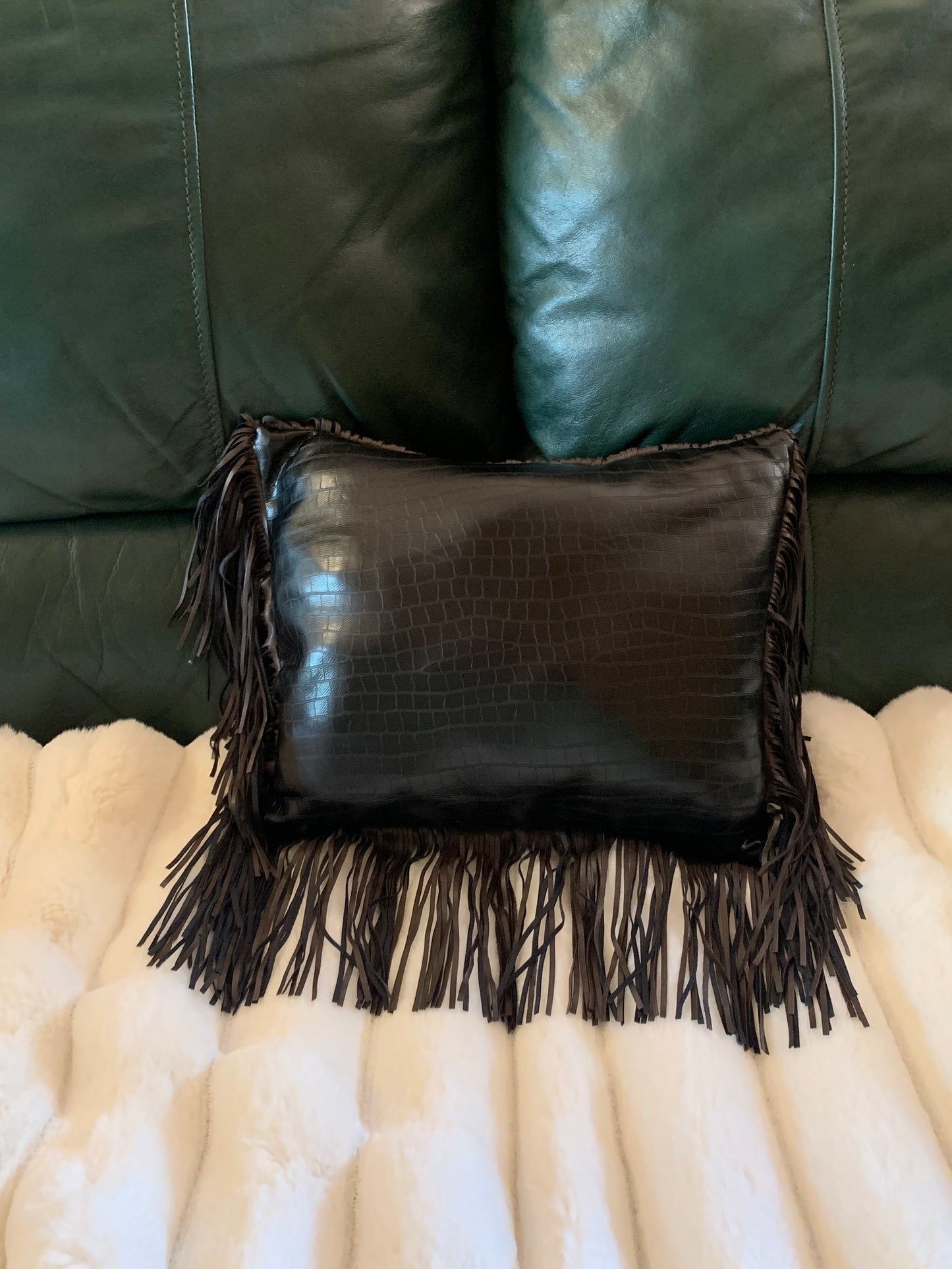 Square fringe faux, leather pillow