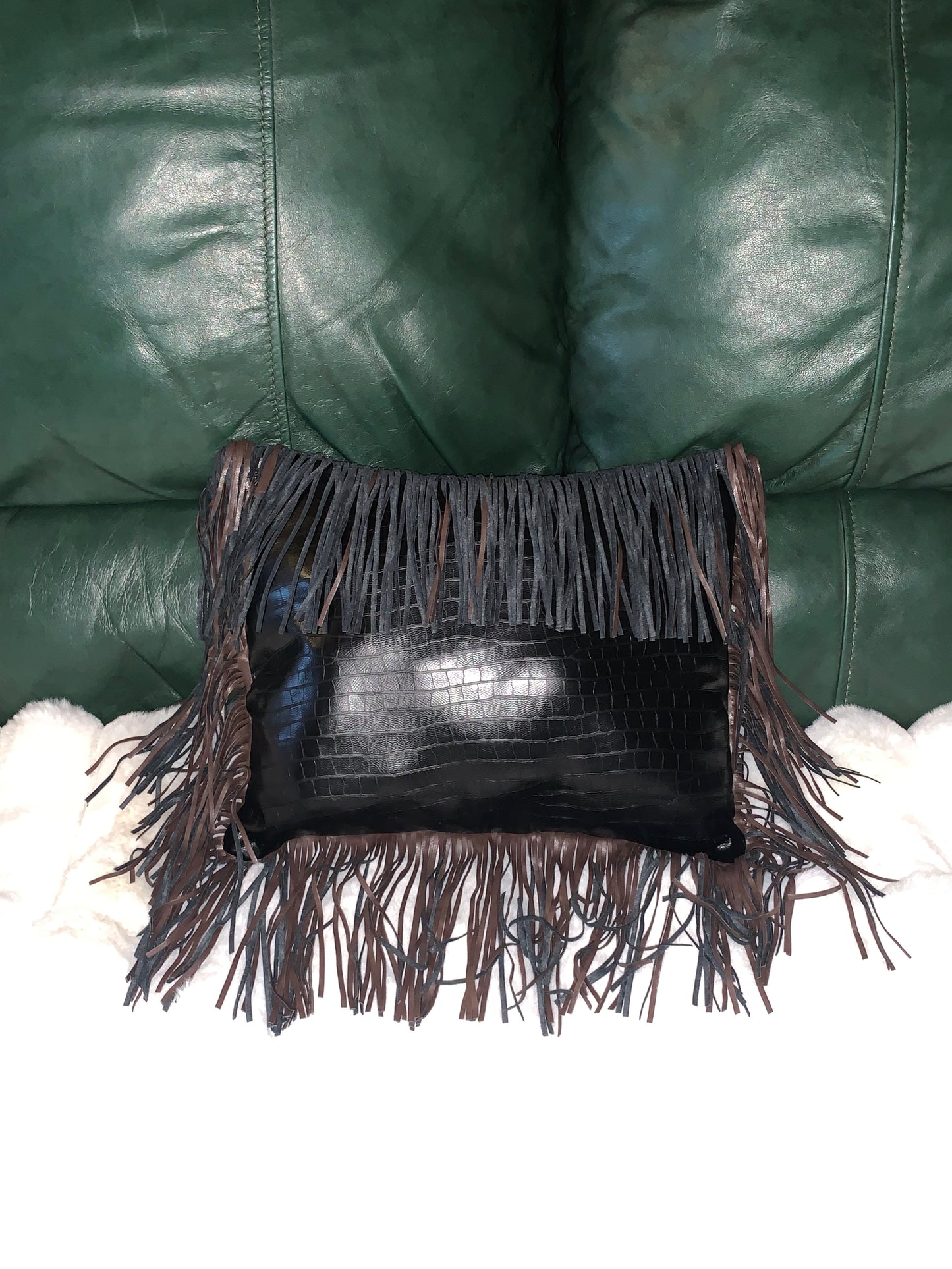 Square fringe faux, leather pillow