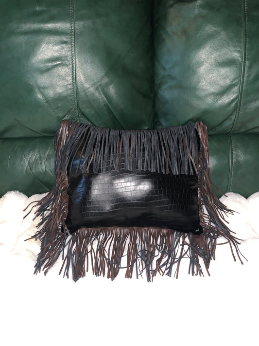 Square fringe faux, leather pillow
